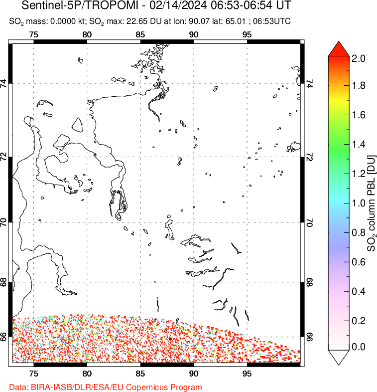 A sulfur dioxide image over Norilsk, Russian Federation on Feb 14, 2024.