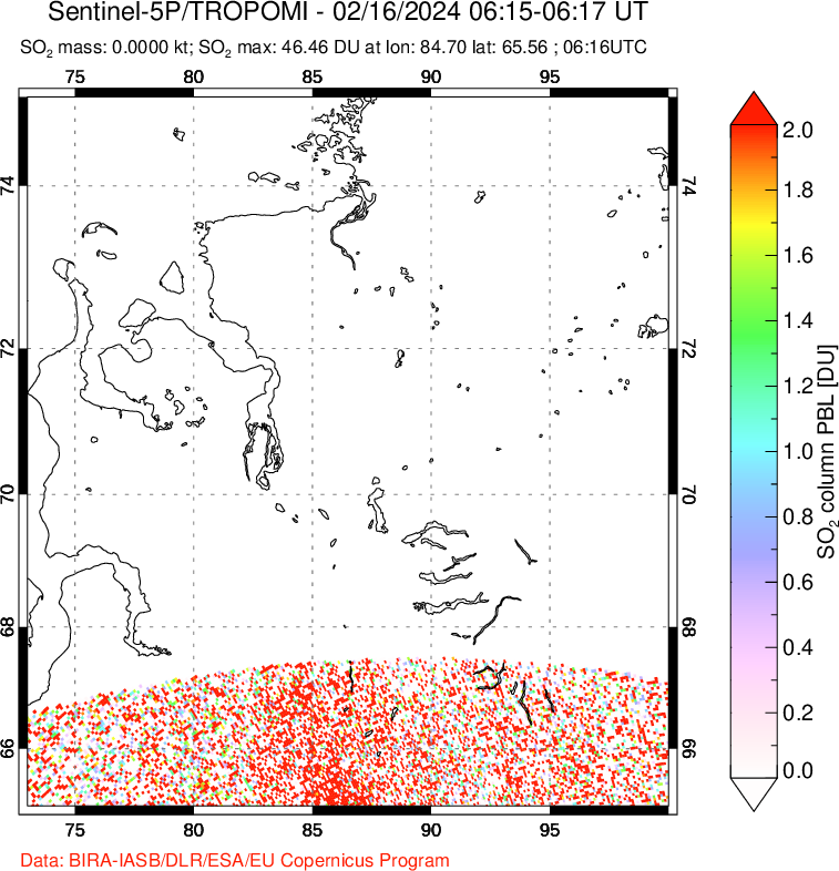 A sulfur dioxide image over Norilsk, Russian Federation on Feb 16, 2024.