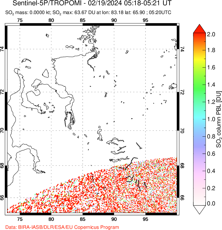 A sulfur dioxide image over Norilsk, Russian Federation on Feb 19, 2024.