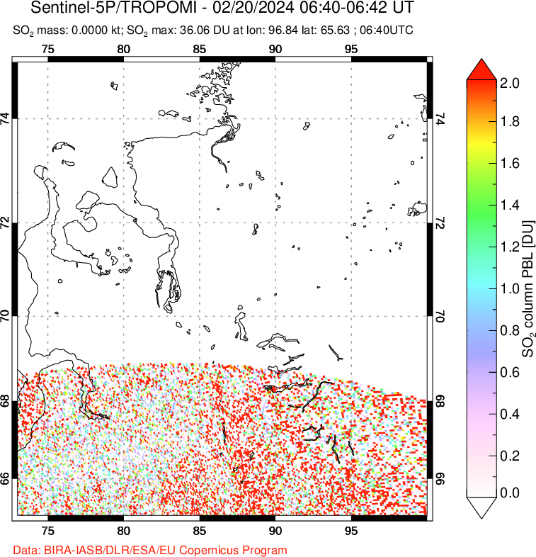 A sulfur dioxide image over Norilsk, Russian Federation on Feb 20, 2024.