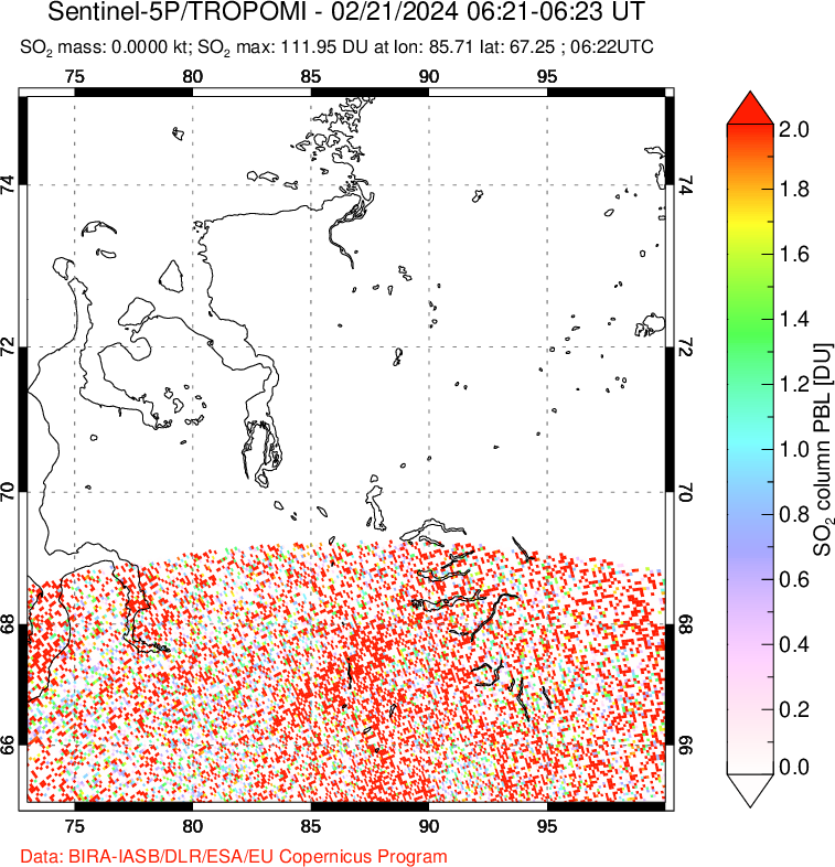 A sulfur dioxide image over Norilsk, Russian Federation on Feb 21, 2024.