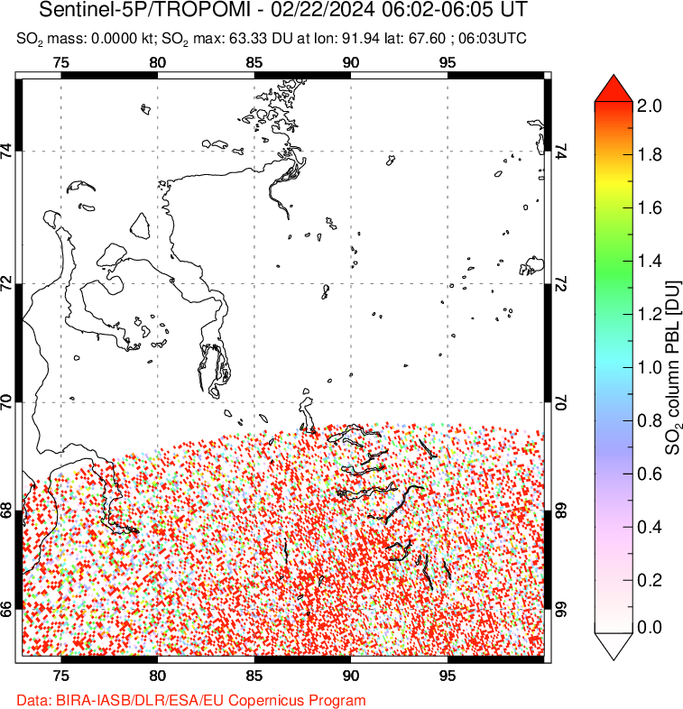 A sulfur dioxide image over Norilsk, Russian Federation on Feb 22, 2024.