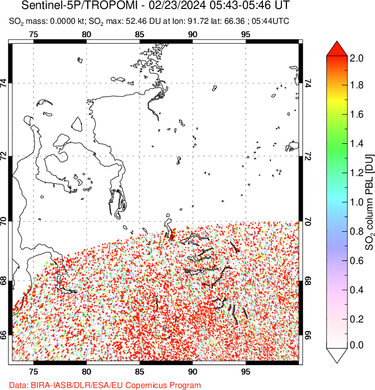 A sulfur dioxide image over Norilsk, Russian Federation on Feb 23, 2024.