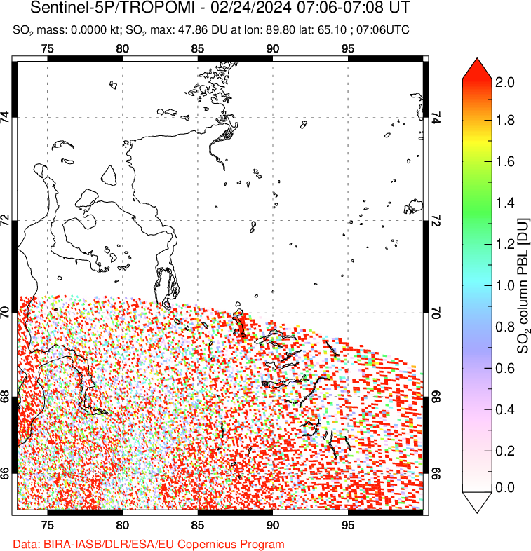 A sulfur dioxide image over Norilsk, Russian Federation on Feb 24, 2024.