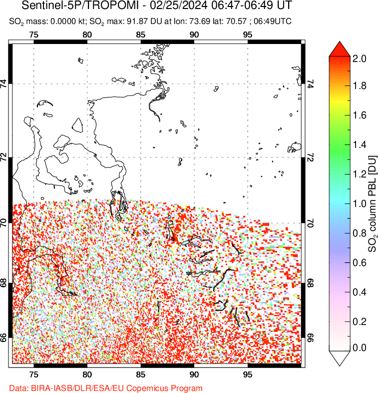 A sulfur dioxide image over Norilsk, Russian Federation on Feb 25, 2024.