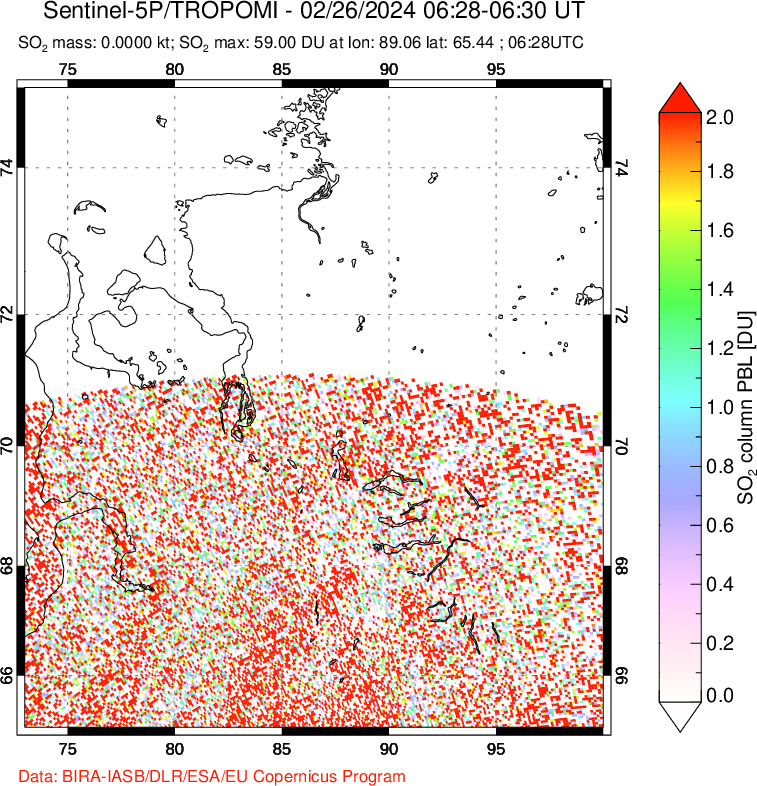 A sulfur dioxide image over Norilsk, Russian Federation on Feb 26, 2024.