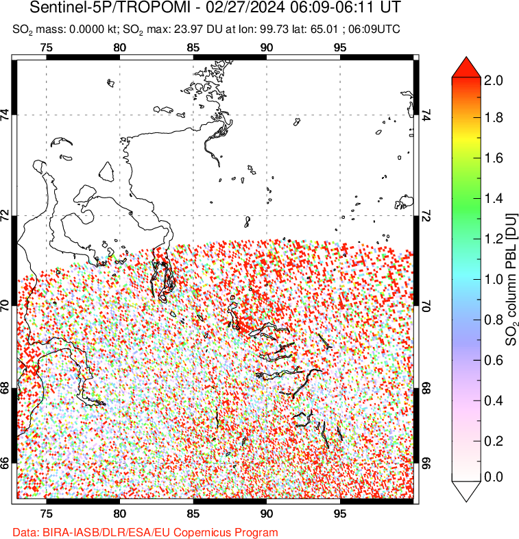 A sulfur dioxide image over Norilsk, Russian Federation on Feb 27, 2024.