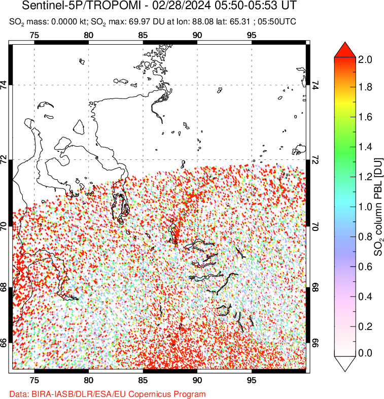 A sulfur dioxide image over Norilsk, Russian Federation on Feb 28, 2024.