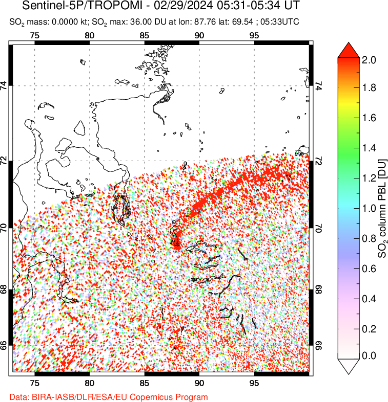 A sulfur dioxide image over Norilsk, Russian Federation on Feb 29, 2024.