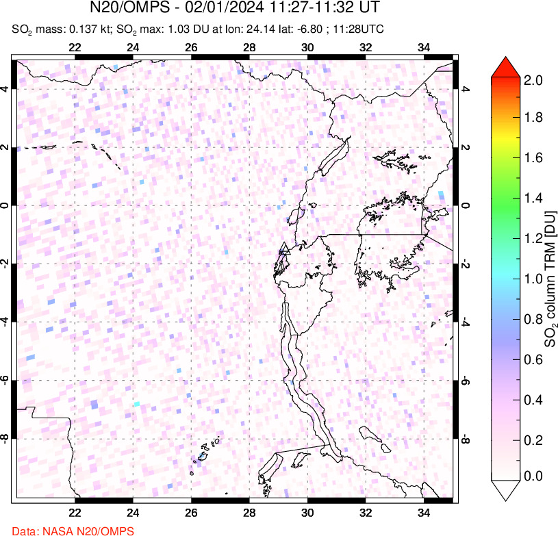 A sulfur dioxide image over Nyiragongo, DR Congo on Feb 01, 2024.