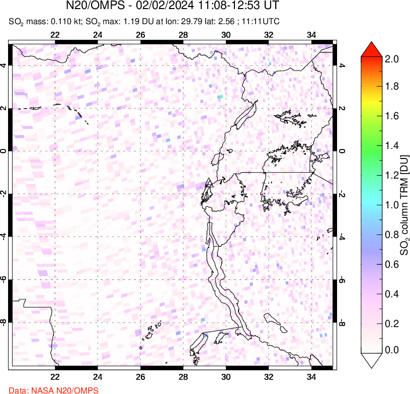 A sulfur dioxide image over Nyiragongo, DR Congo on Feb 02, 2024.