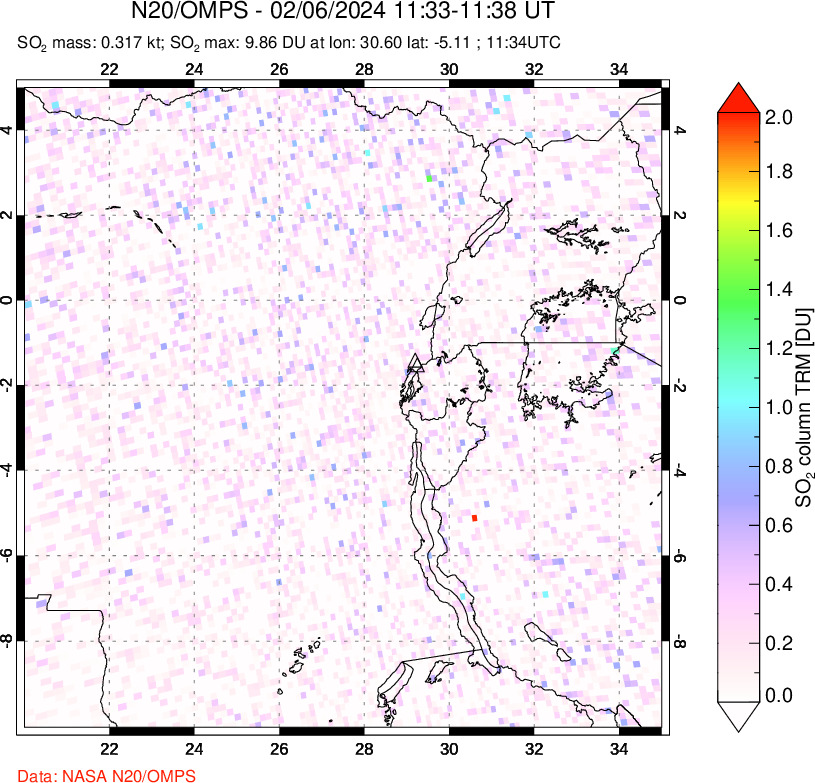 A sulfur dioxide image over Nyiragongo, DR Congo on Feb 06, 2024.