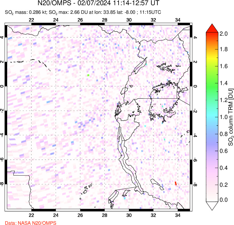 A sulfur dioxide image over Nyiragongo, DR Congo on Feb 07, 2024.