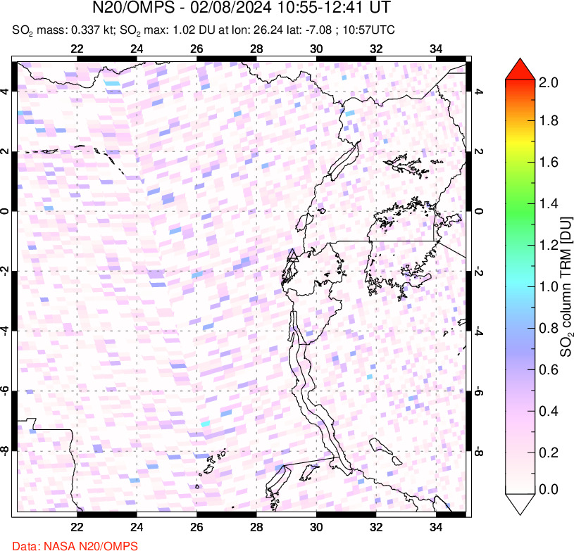 A sulfur dioxide image over Nyiragongo, DR Congo on Feb 08, 2024.