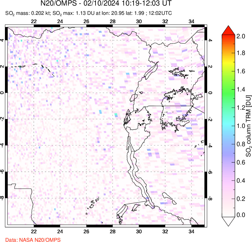 A sulfur dioxide image over Nyiragongo, DR Congo on Feb 10, 2024.