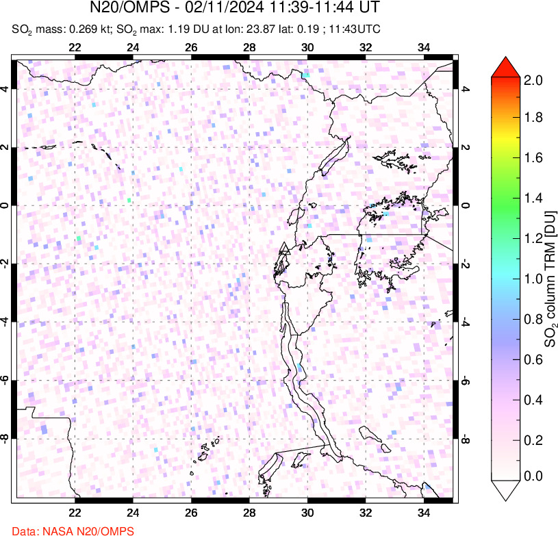 A sulfur dioxide image over Nyiragongo, DR Congo on Feb 11, 2024.