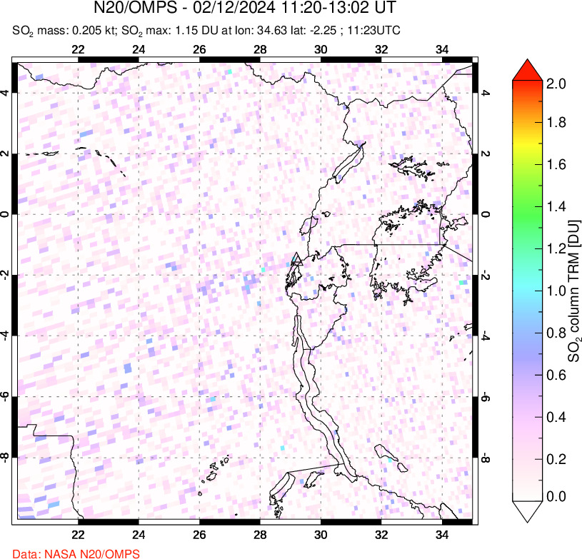 A sulfur dioxide image over Nyiragongo, DR Congo on Feb 12, 2024.