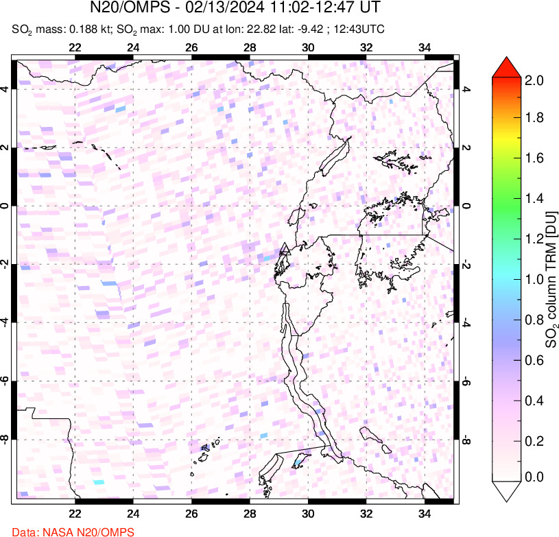 A sulfur dioxide image over Nyiragongo, DR Congo on Feb 13, 2024.