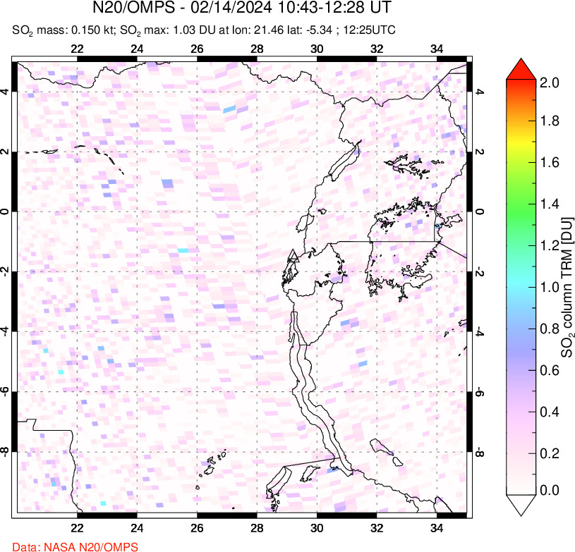 A sulfur dioxide image over Nyiragongo, DR Congo on Feb 14, 2024.