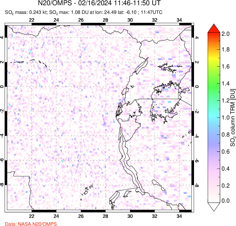 A sulfur dioxide image over Nyiragongo, DR Congo on Feb 16, 2024.