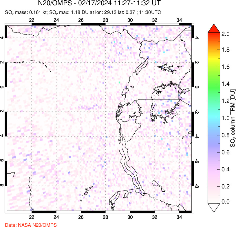 A sulfur dioxide image over Nyiragongo, DR Congo on Feb 17, 2024.