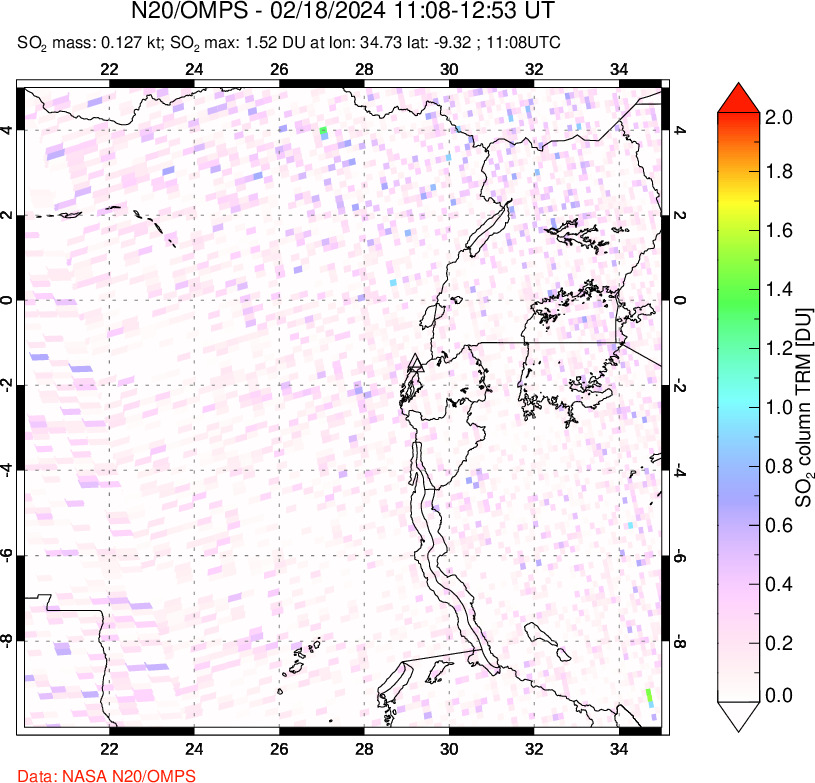 A sulfur dioxide image over Nyiragongo, DR Congo on Feb 18, 2024.