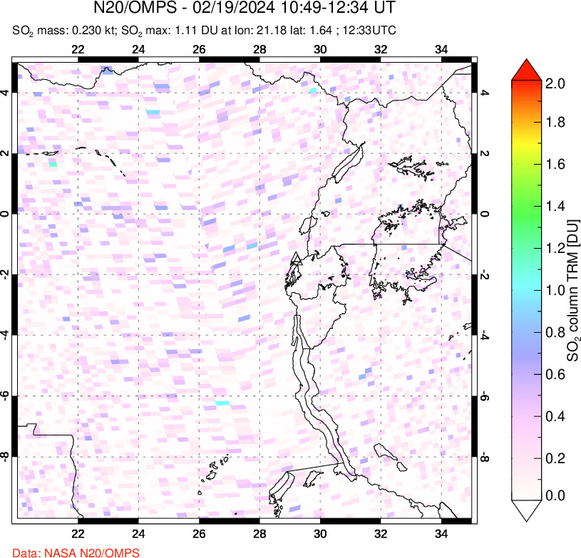 A sulfur dioxide image over Nyiragongo, DR Congo on Feb 19, 2024.