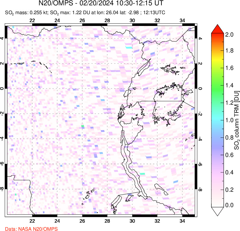 A sulfur dioxide image over Nyiragongo, DR Congo on Feb 20, 2024.