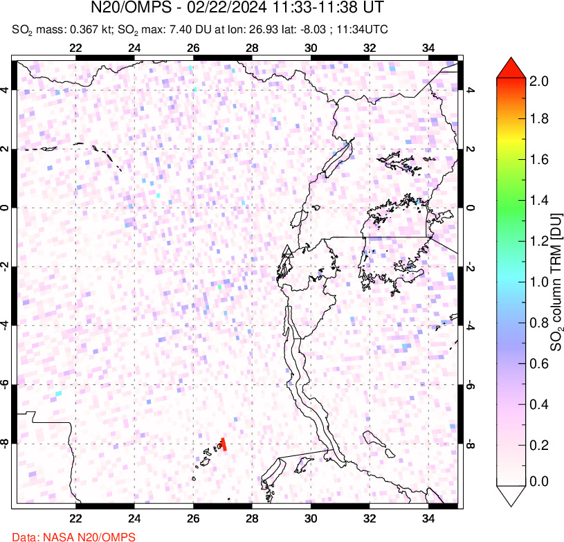 A sulfur dioxide image over Nyiragongo, DR Congo on Feb 22, 2024.