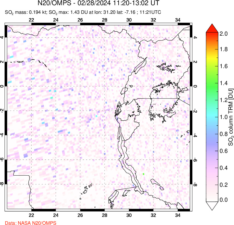 A sulfur dioxide image over Nyiragongo, DR Congo on Feb 28, 2024.