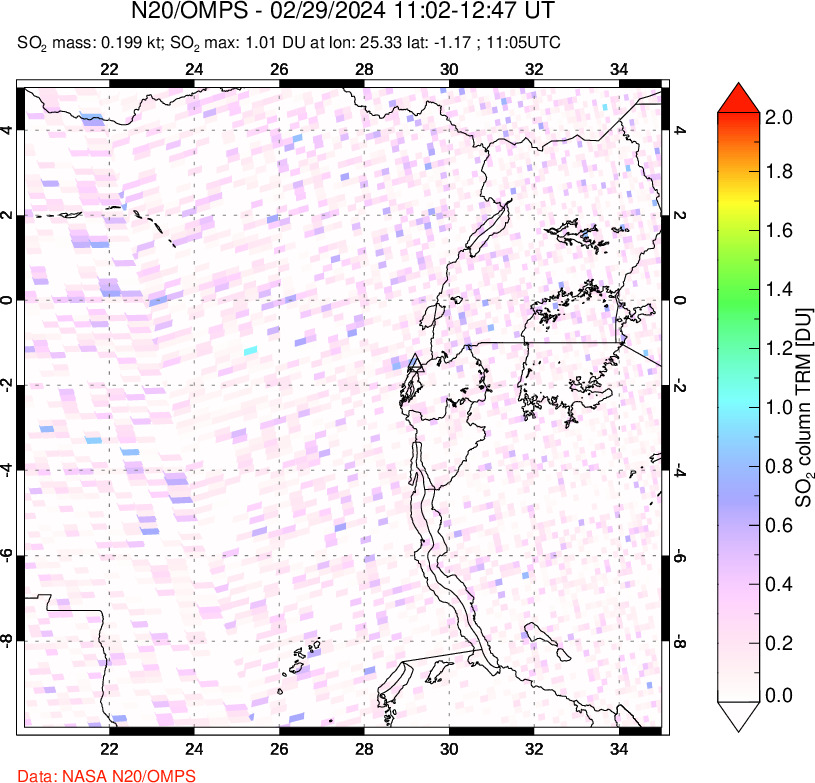 A sulfur dioxide image over Nyiragongo, DR Congo on Feb 29, 2024.