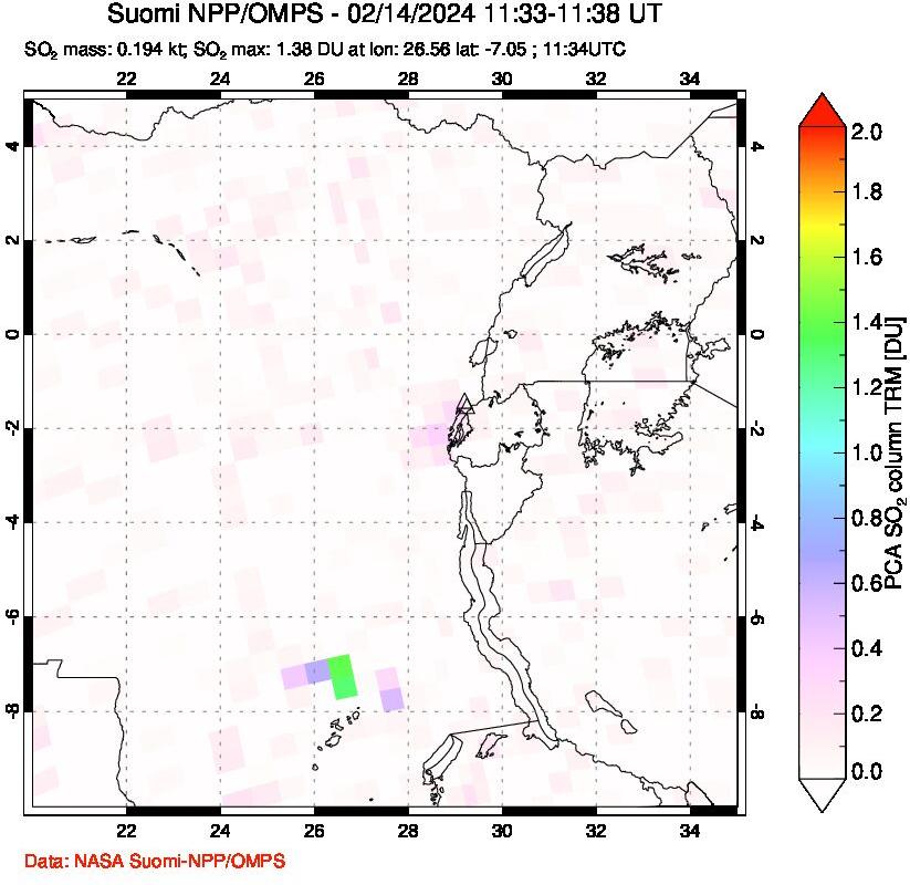 A sulfur dioxide image over Nyiragongo, DR Congo on Feb 14, 2024.