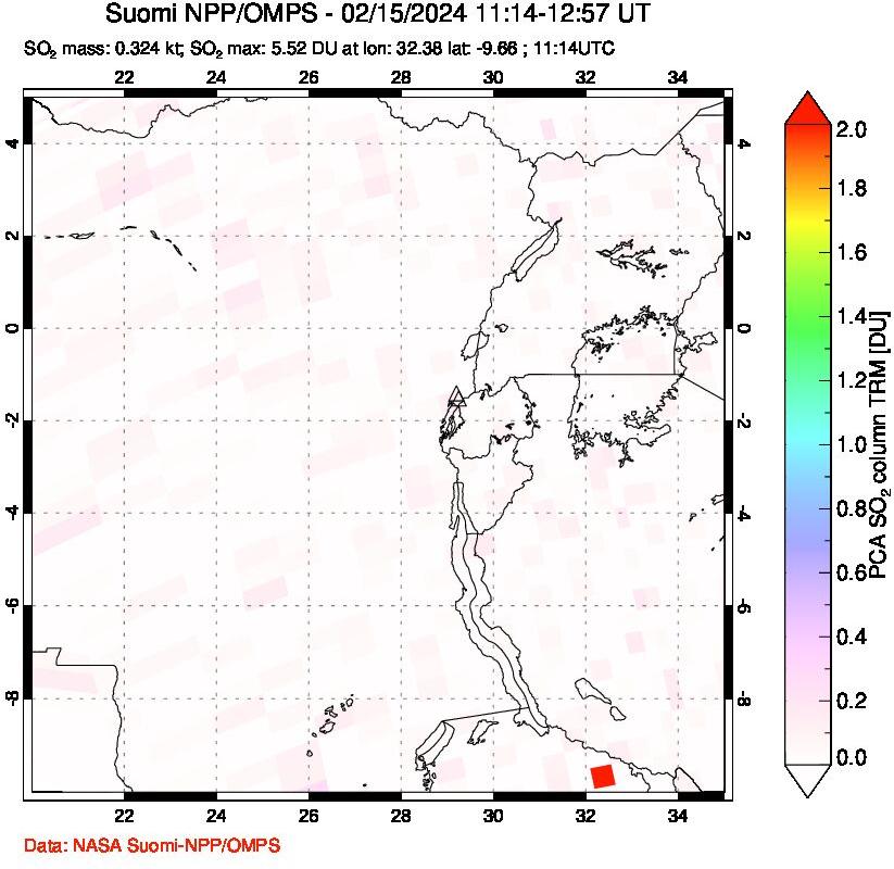 A sulfur dioxide image over Nyiragongo, DR Congo on Feb 15, 2024.