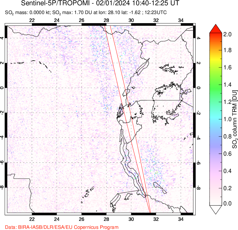 A sulfur dioxide image over Nyiragongo, DR Congo on Feb 01, 2024.