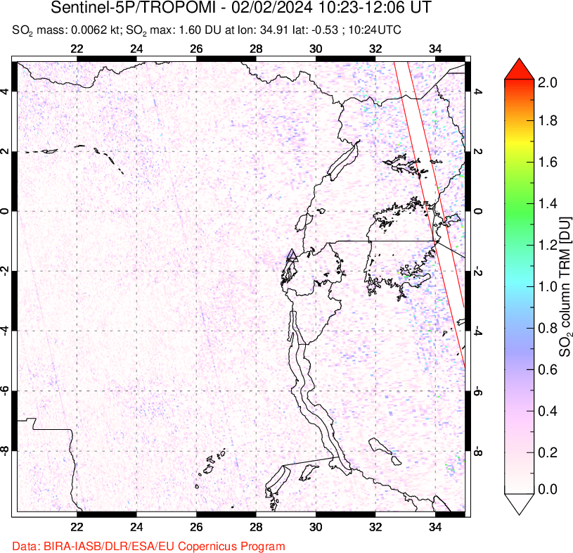 A sulfur dioxide image over Nyiragongo, DR Congo on Feb 02, 2024.