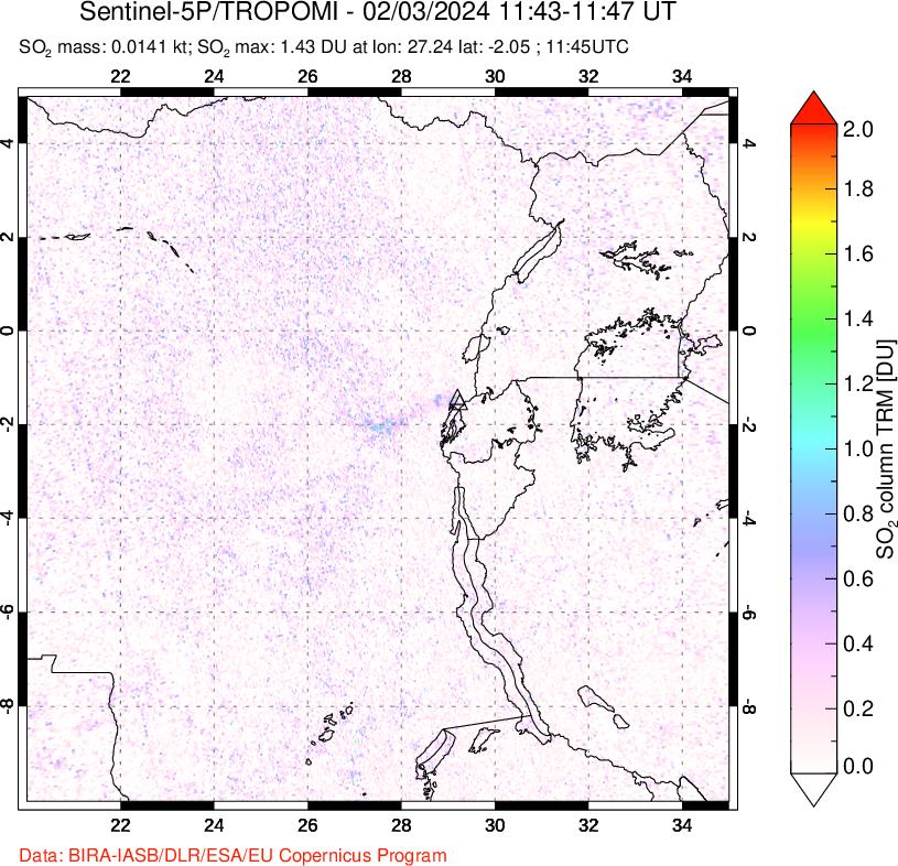 A sulfur dioxide image over Nyiragongo, DR Congo on Feb 03, 2024.