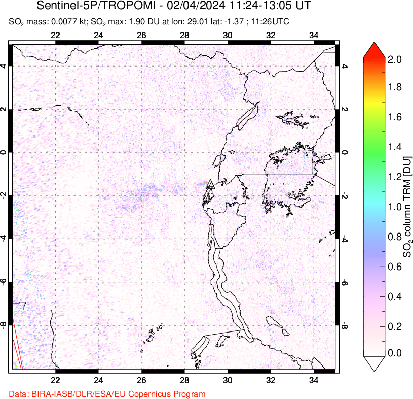 A sulfur dioxide image over Nyiragongo, DR Congo on Feb 04, 2024.