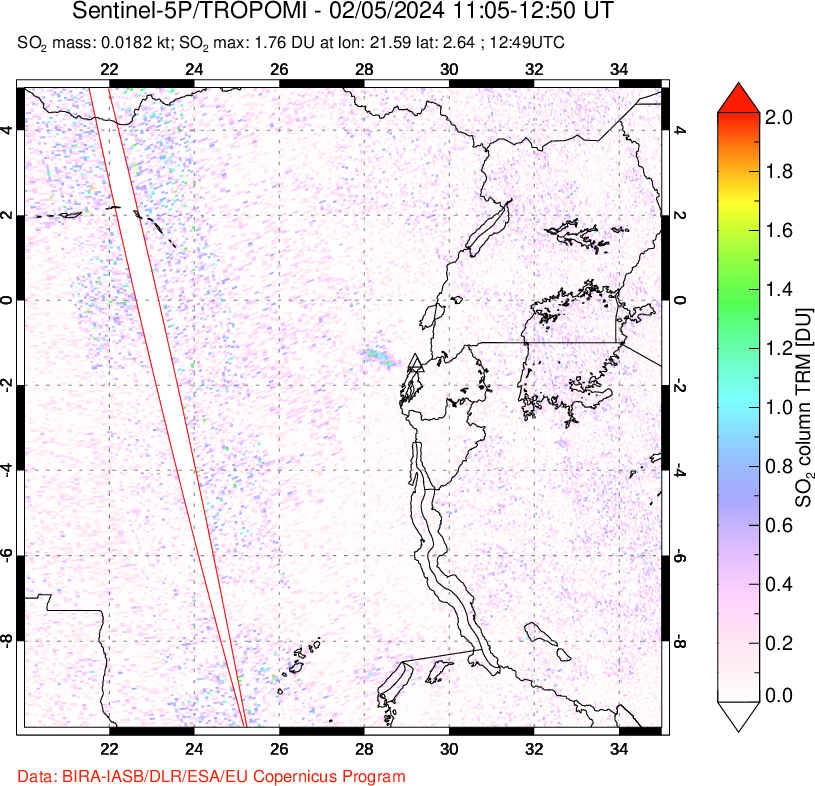 A sulfur dioxide image over Nyiragongo, DR Congo on Feb 05, 2024.