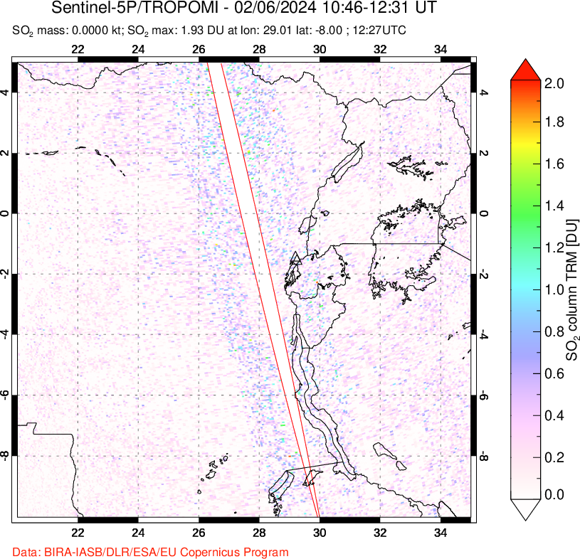 A sulfur dioxide image over Nyiragongo, DR Congo on Feb 06, 2024.