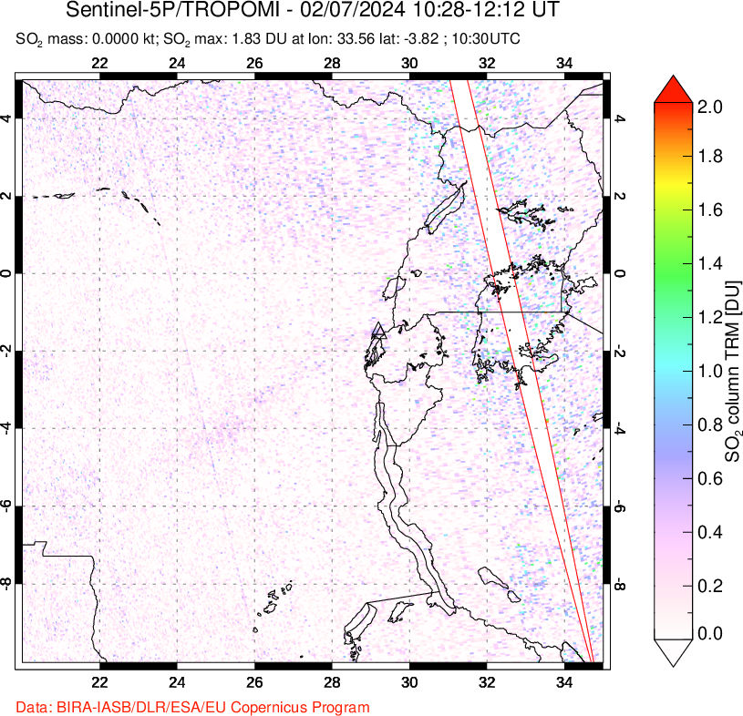 A sulfur dioxide image over Nyiragongo, DR Congo on Feb 07, 2024.