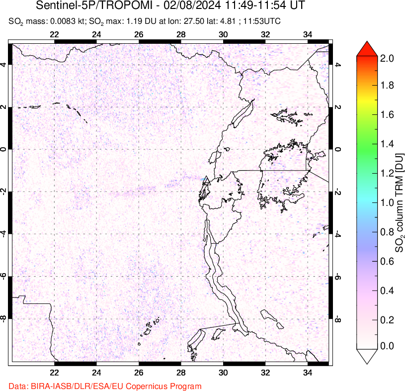 A sulfur dioxide image over Nyiragongo, DR Congo on Feb 08, 2024.