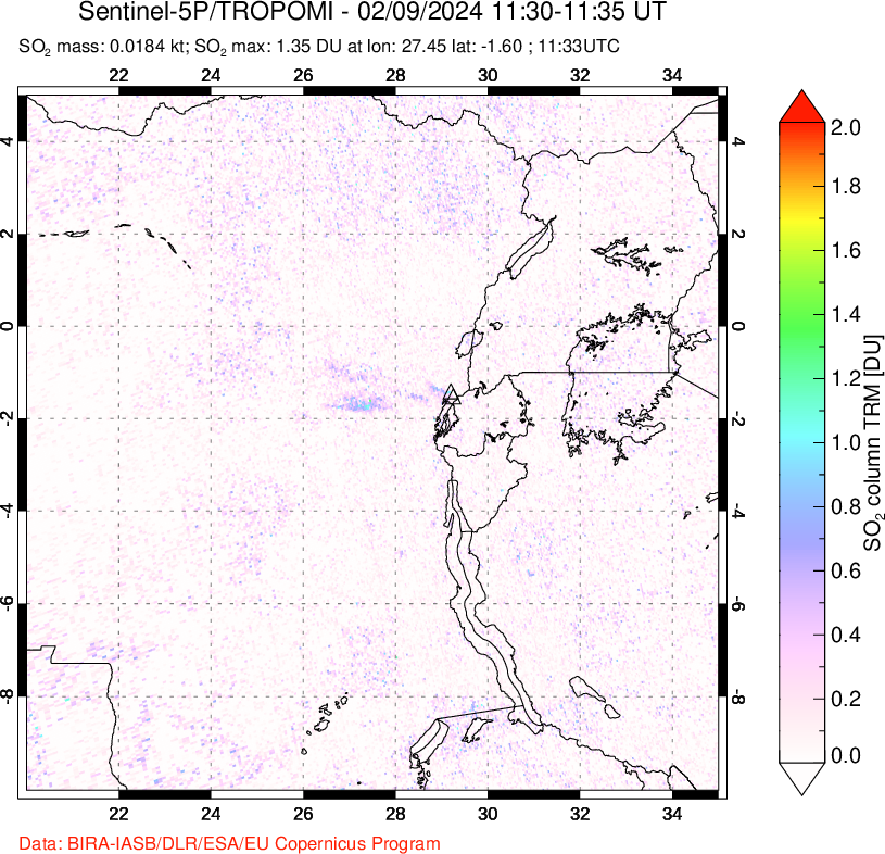 A sulfur dioxide image over Nyiragongo, DR Congo on Feb 09, 2024.