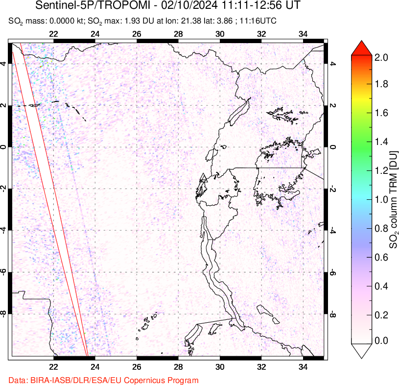 A sulfur dioxide image over Nyiragongo, DR Congo on Feb 10, 2024.