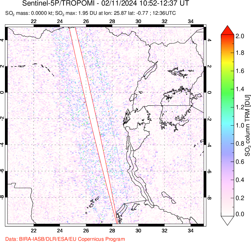 A sulfur dioxide image over Nyiragongo, DR Congo on Feb 11, 2024.