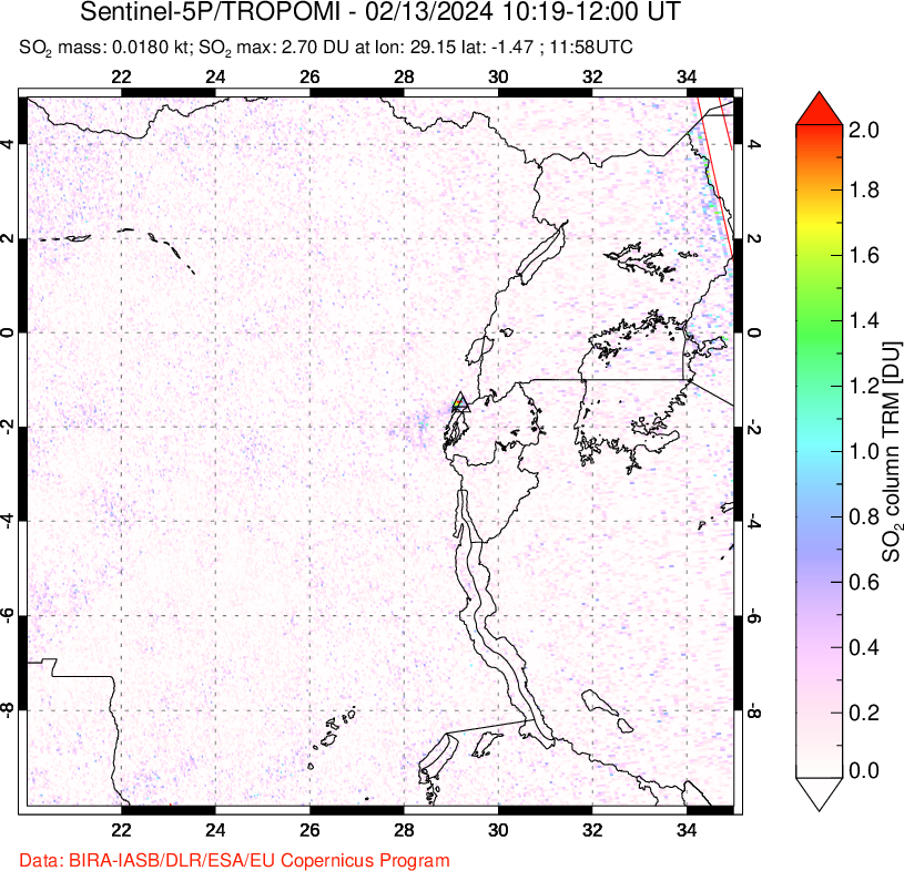 A sulfur dioxide image over Nyiragongo, DR Congo on Feb 13, 2024.