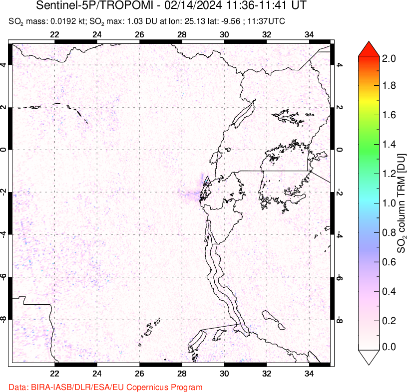 A sulfur dioxide image over Nyiragongo, DR Congo on Feb 14, 2024.