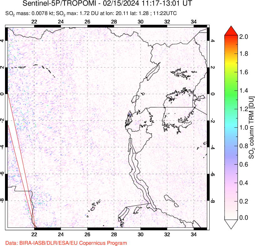 A sulfur dioxide image over Nyiragongo, DR Congo on Feb 15, 2024.