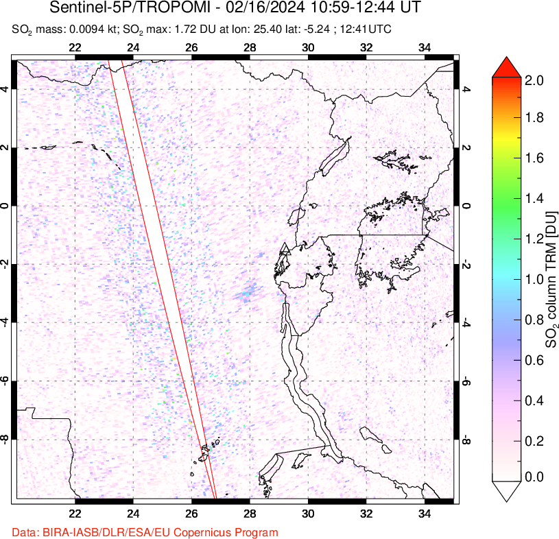 A sulfur dioxide image over Nyiragongo, DR Congo on Feb 16, 2024.