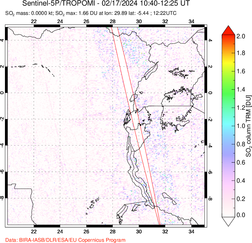 A sulfur dioxide image over Nyiragongo, DR Congo on Feb 17, 2024.