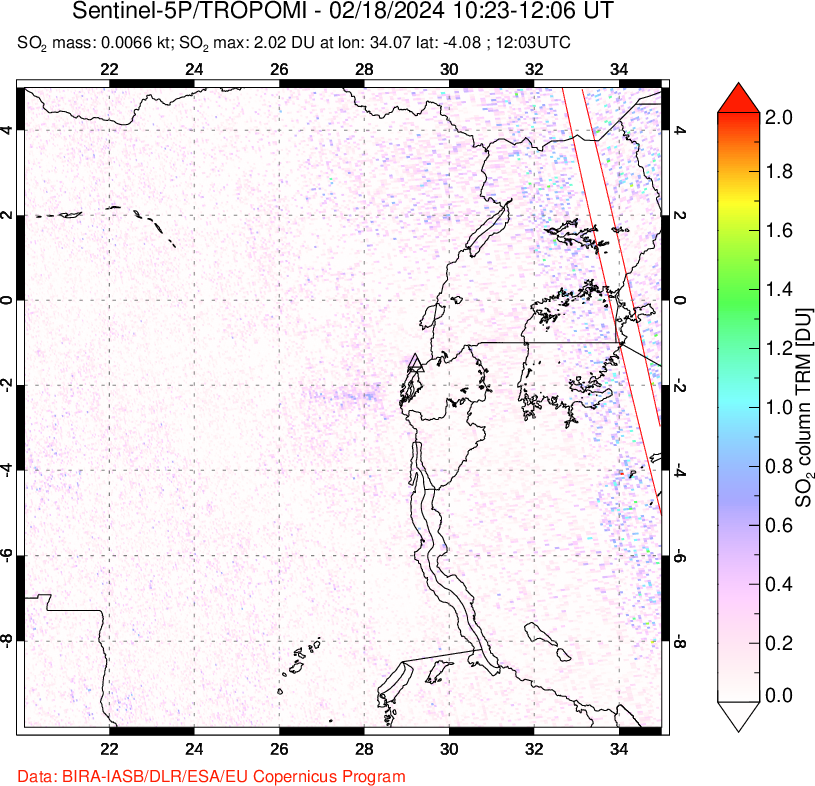 A sulfur dioxide image over Nyiragongo, DR Congo on Feb 18, 2024.